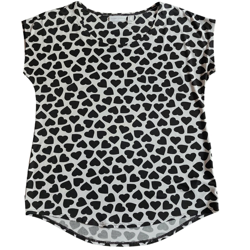 Susan Graver Womens Top White Black Heart Print Cap Sleeve Scoop Neck S